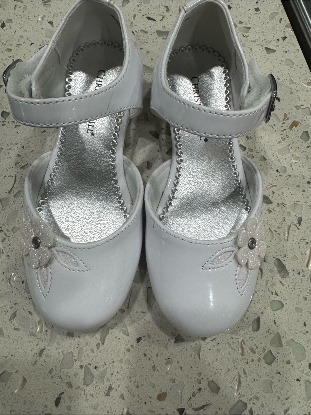 Children's White Mary Jane Dress Shoes with Flower Accent